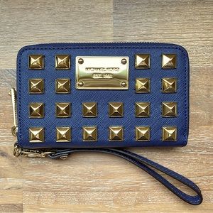 Michael Kors Navy Soffiano Leather and Gold Pyramid Studded Wristlet